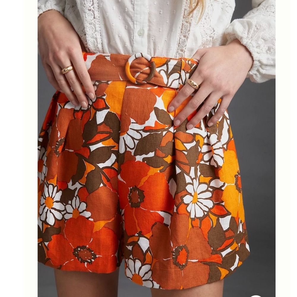 Faithfull The Brand Isola Linen Shorts Orange Floral Sz XL High Rise Belted NWT